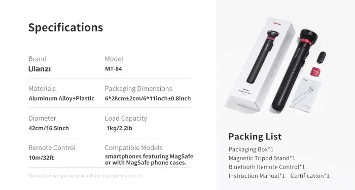 Ulanzi MT-84 1.53M Magsafe Selfie bâton trépied support Bluetooth télécommande téléphone Extension trépied pour IPhone 16 15 LiveStreaming Vlog