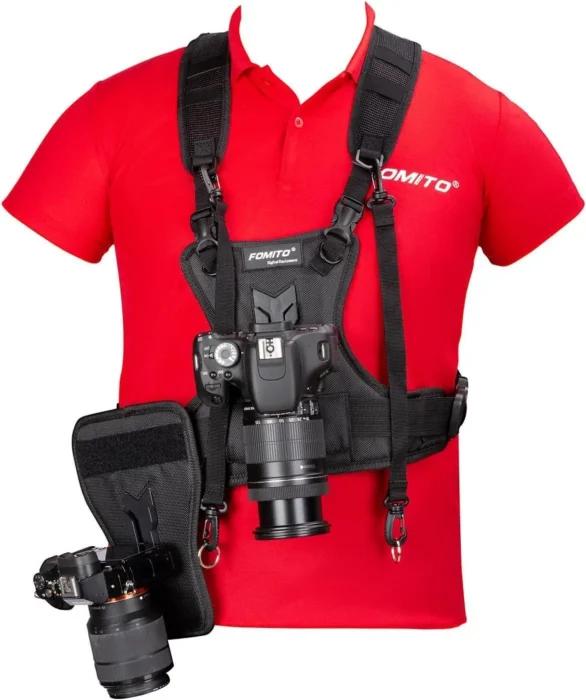 FOMITO double harnais d’appareil photo système de gilet de poitrine multi-transportage avec étui latéral pour appareil photo reflex numérique Canon Nikon Sony Olympus