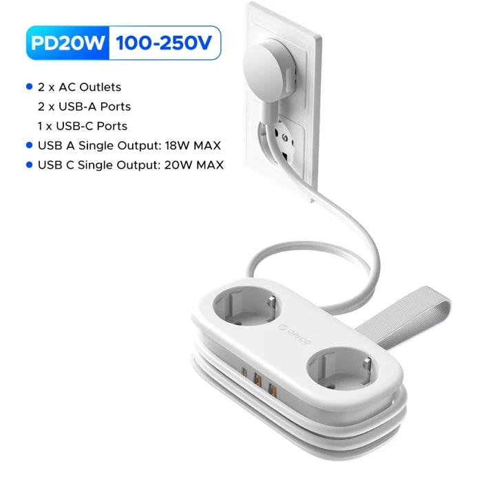 ORICO AP3 prise ue 20W PD multiprise 2 prises AC 2USB 1 type-c 1.53M rallonge électrique charge rapide pour la maison/tablette