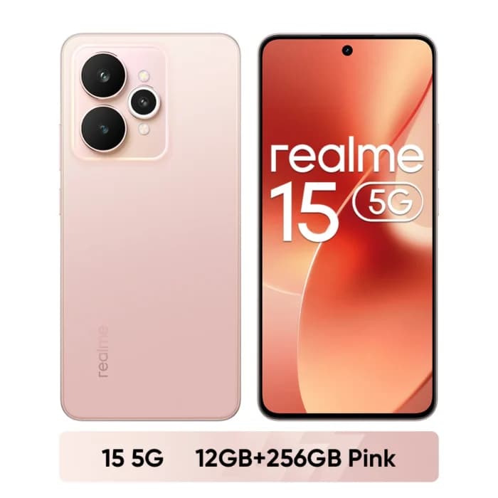 Smartphone realme 15 5G, puce Dimensity 7300+, batterie 6500 mAh, charge 45 W, écran AMOLED 6,77″ 144 Hz, double appareil photo 50 MP, NFC
