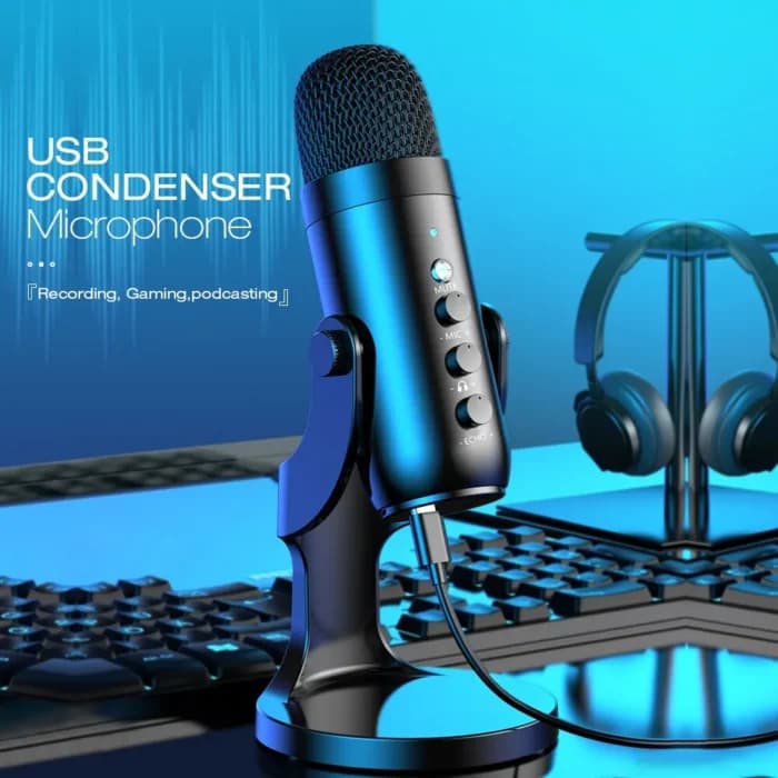 Haomuren Microphone USB pour PC Mac enregistrement de jeu flux Podcast, micro à condensateur d’ordinateur avec adaptateur de téléphone sortie casque