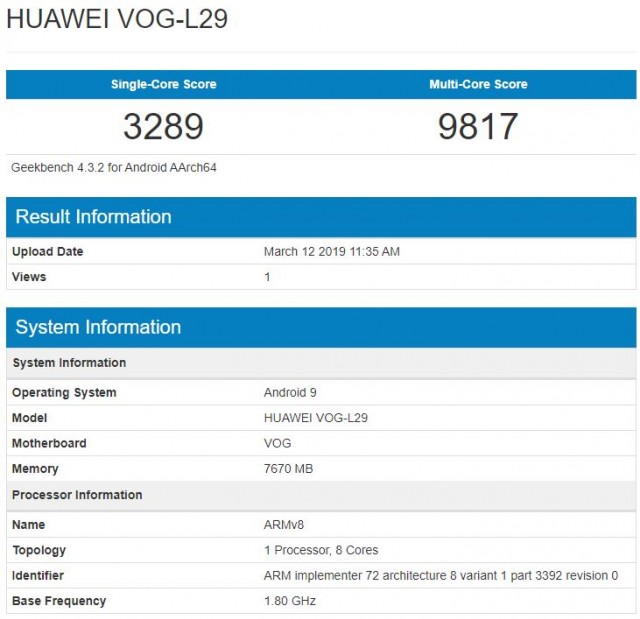 huawei p30 pro geekbench