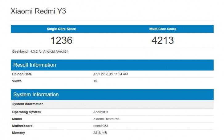 redmi y3 geekbench