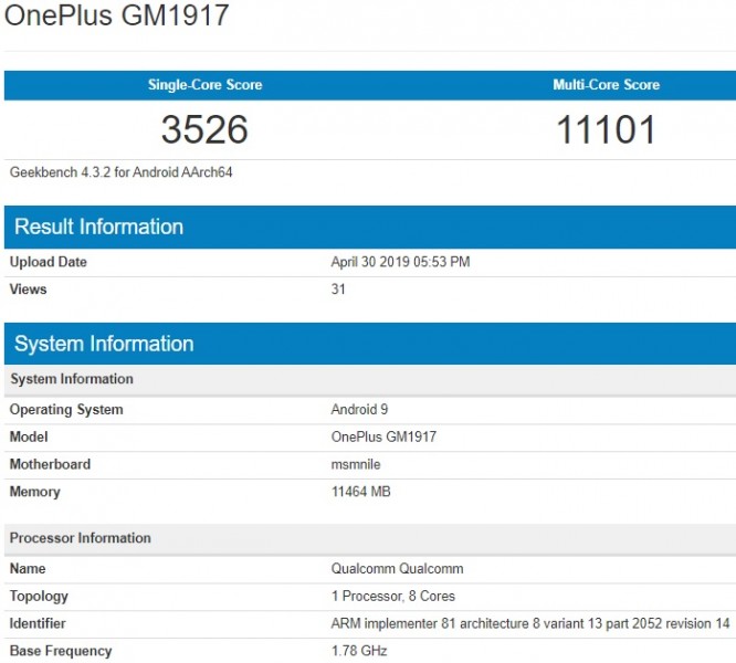 oneplus 7 pro geekbench