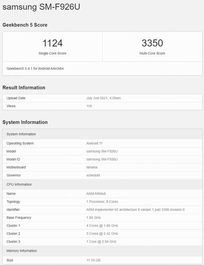 Samsung Galaxy Z Fold3 sur Geekbench