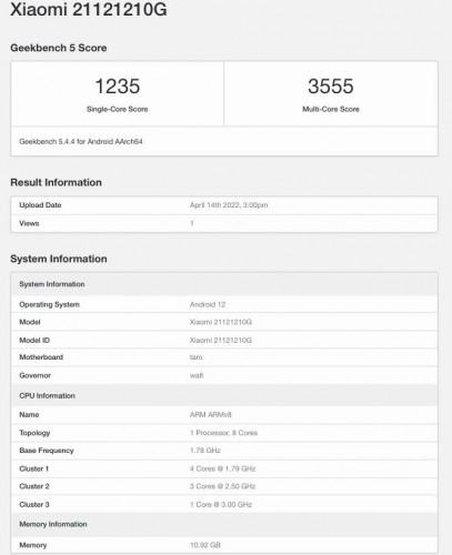 Tableau de bord Poco F4 GT sur Geekbench